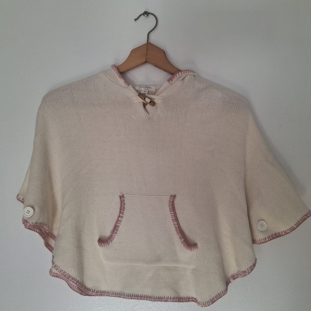 Jessica Simpson Cream Knit Hooded Poncho with Pink Trim